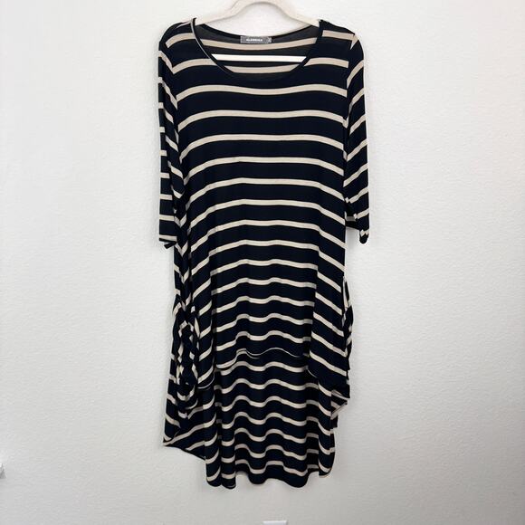 Alembika Womens Tunic Top Size M Lagenlook Striped Flowy Long Black Tan - Picture 1 of 9